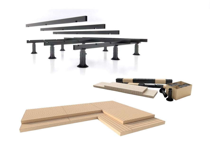 Different stages of the kitset deck assembly; delivery, frame setup, composite decking board application