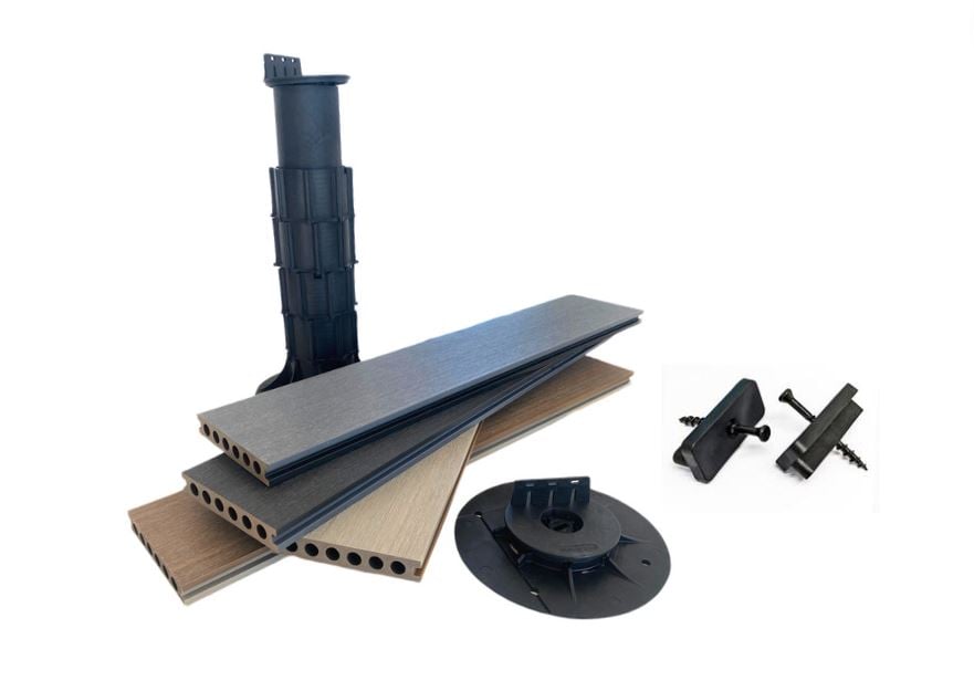 Self leveling jacks, composite decking boards, hiddlen clip system